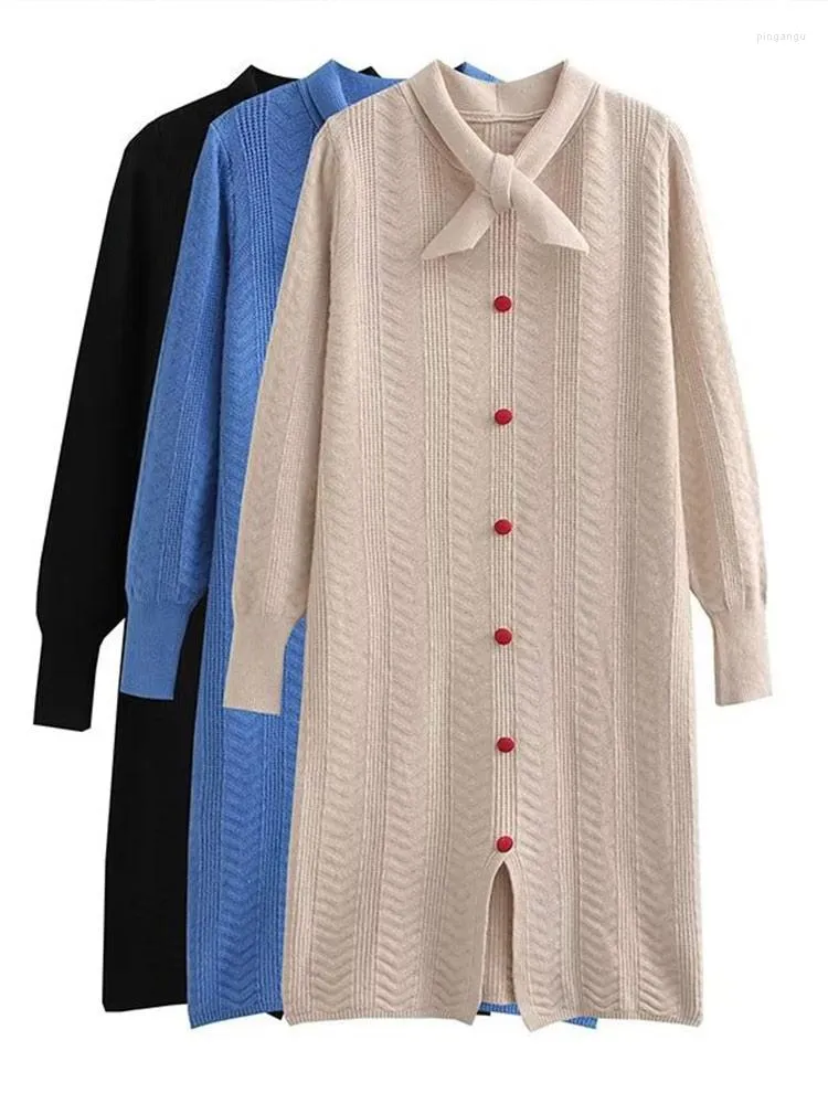 Abiti casual Maglione caldo spesso lavorato a maglia invernale a maniche lunghe per donna Maglioni eleganti con fiocco elastico in vita Abito da donna