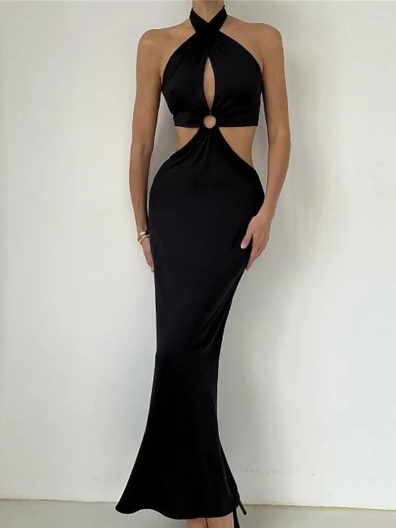 Robes décontractées femmes 2023 été licou cou Bandage dos nu longue robe élégante femme évider taille haute soirée bal noir