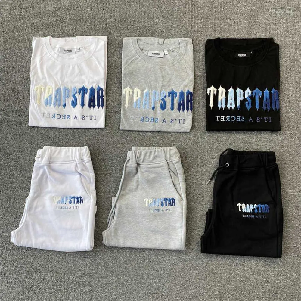 Herren T-Shirts Damen Trapstar Weiß Blau Handtuch Stickerei Kurzarm Shorts Set Frühling Sommer Mode Streetwear T-Shirt Tidal Flow Design 558ess