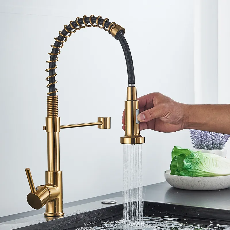 バスルームシンクの蛇口Quyanre Brushed Gold Kitchen Faucet Pull Down Single Handle Mixer Tap 360 Rotation Torneira Cozinha 230616