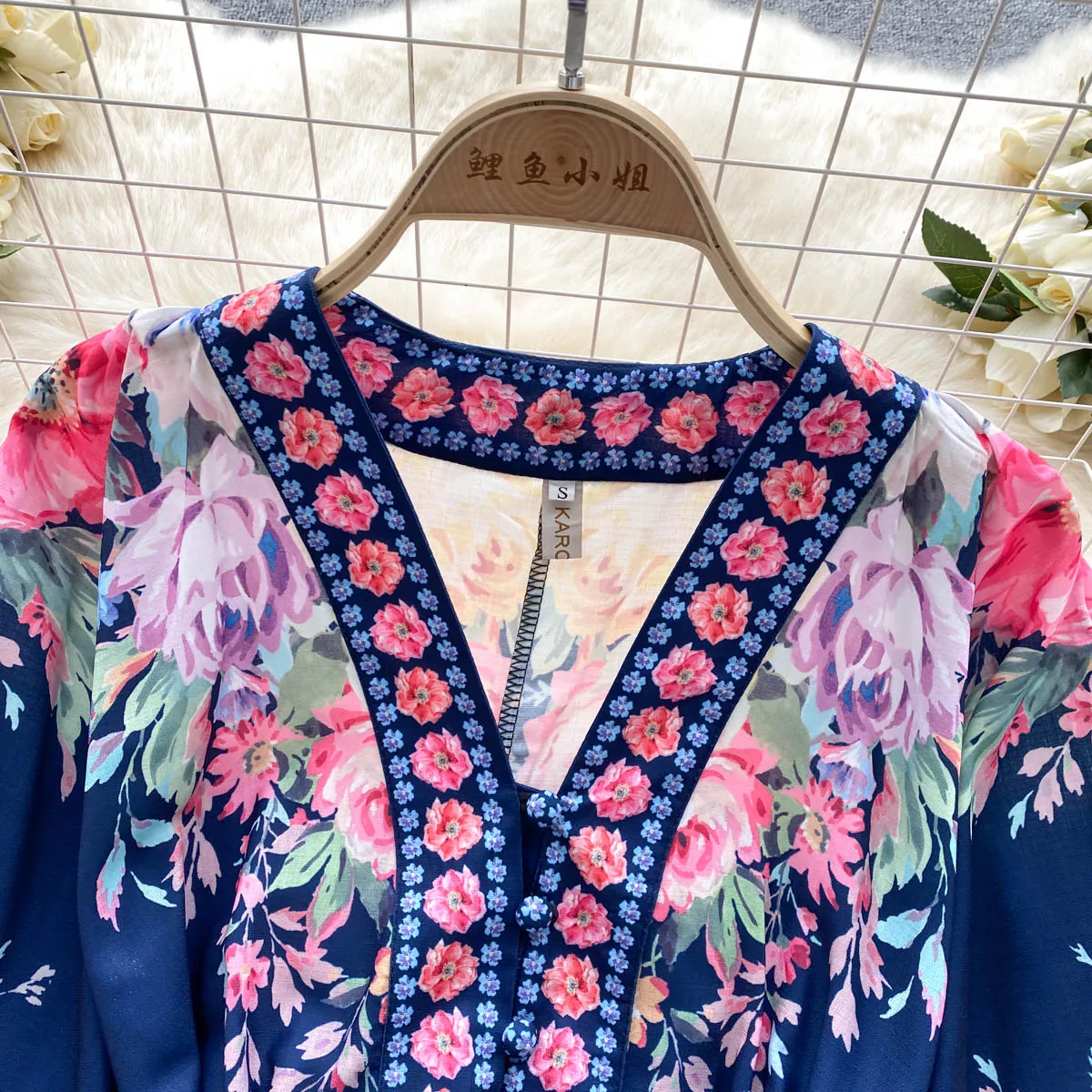 Runway Dresses Women Spring Summer Flower Beach Dress Runway V-Neck Lantern Sleeve Buttons Down Belt High Waist A-Line Mini Short Dress 2023