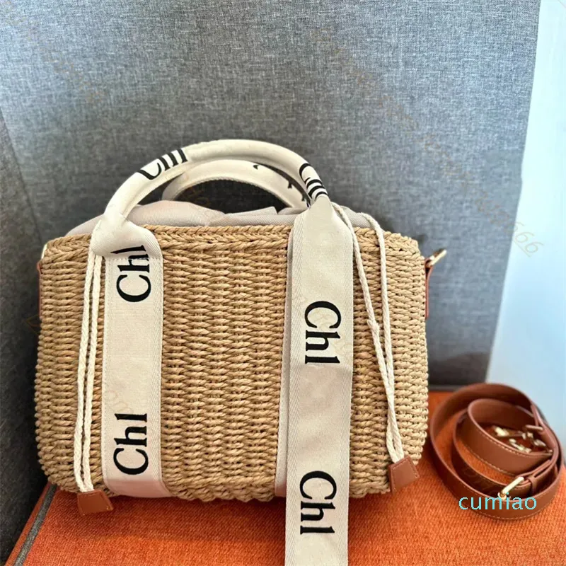 2023-kvinna Luxury Tygväskor Summer Woven Bag Women Shoulder Top Bucket Vacation Beach Leather Axel Rem Totes Handväskor Fashion Shopping