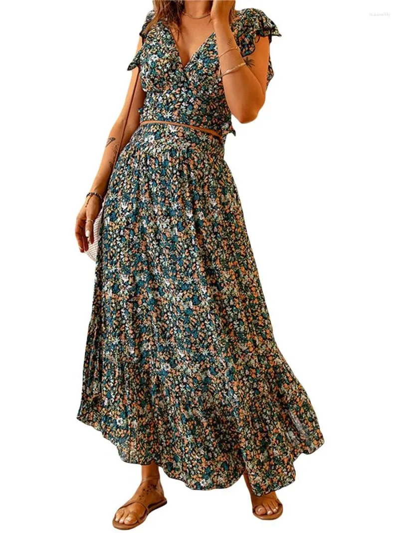 Vestido de duas peças feminino boêmio decote em V profundo 2 conjuntos de saia com babado boné manga amarrada na cintura chiffon flowy Es (GG colorido)