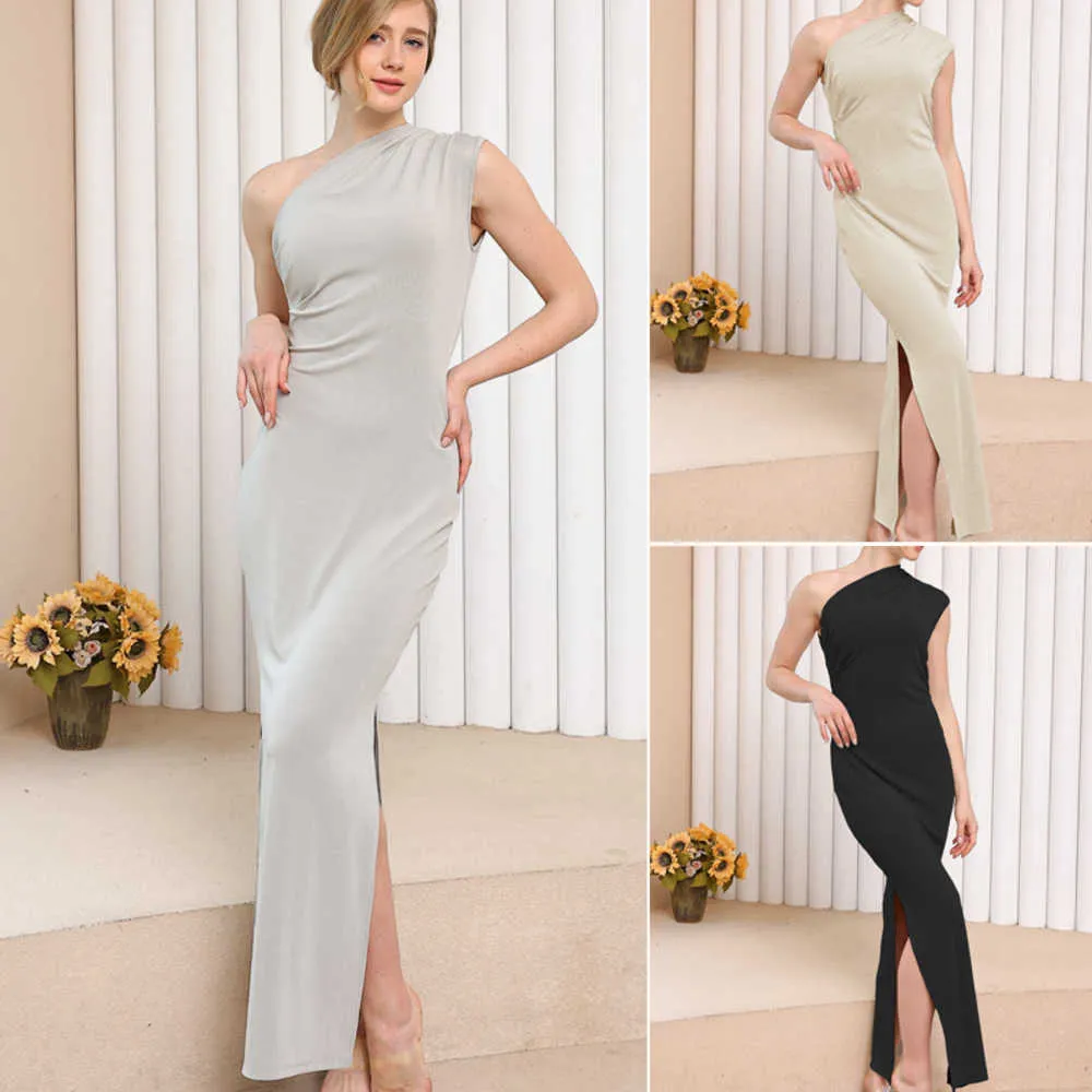 2023 Spring/Summer New Women's Solid Color Casual Pleated Shoulder Slim Fit Long maxi Night club black cocktail Dress womens dresses