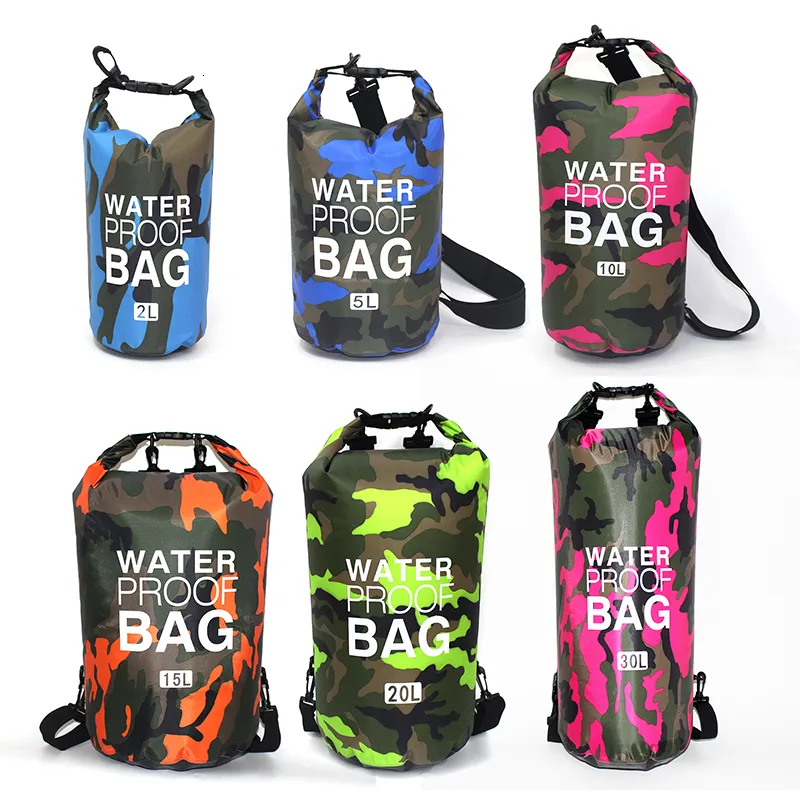 Outdoor Tassen 25101530L Camouflage Waterdichte Droge Draagbare Rafting Duiktas Sack PVC Zwemmen voor Rivier Trekking 230617