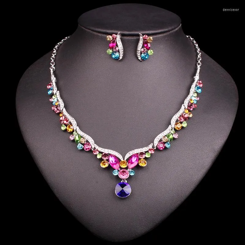 Necklace Earrings Set Fashion Crystal Bridal For Bride Silver Plated Wedding Party Costume Jewellery Accessories Women