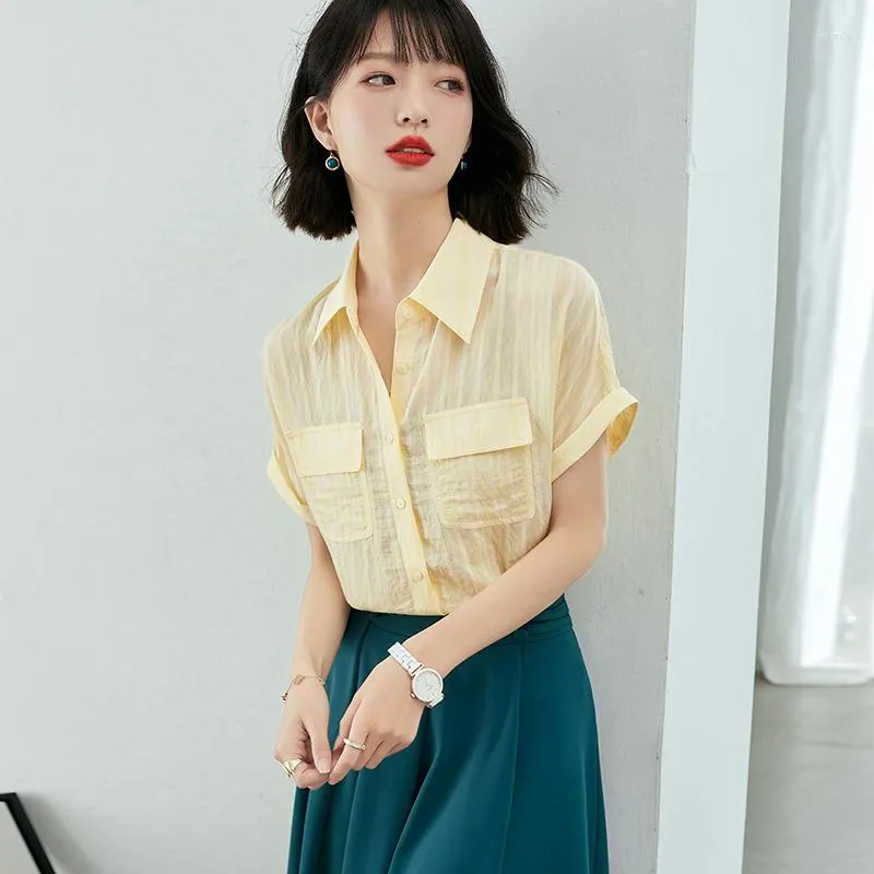 Blusas de mujer, blusa de verano 2023 para mujer, camisas de chifón de manga corta con bolsillo a rayas amarillas, Top Formal elegante a la moda