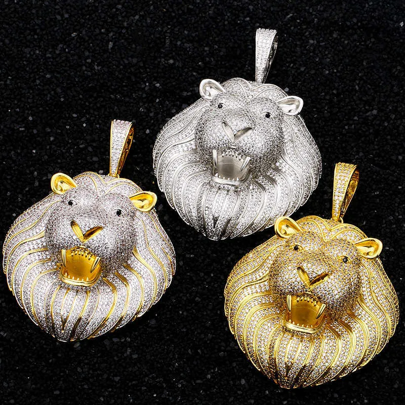 Luxury Big Lion Head Pendant Cubic Zirconia Iced Out Hip Hop Sliver Gold Jewelry Charm Animal Pendant For Men