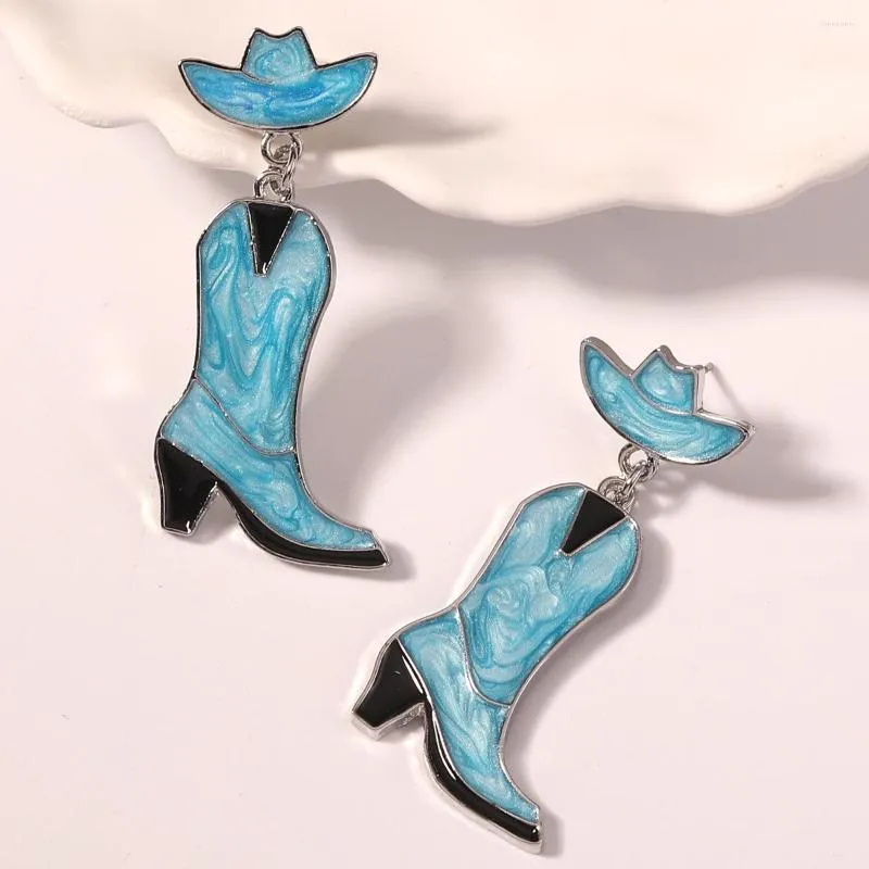 Dingle örhängen nashville cowgirl boot hatt örhänge i blå emaljerad | Cowboy med västerländska tema smycken accesso