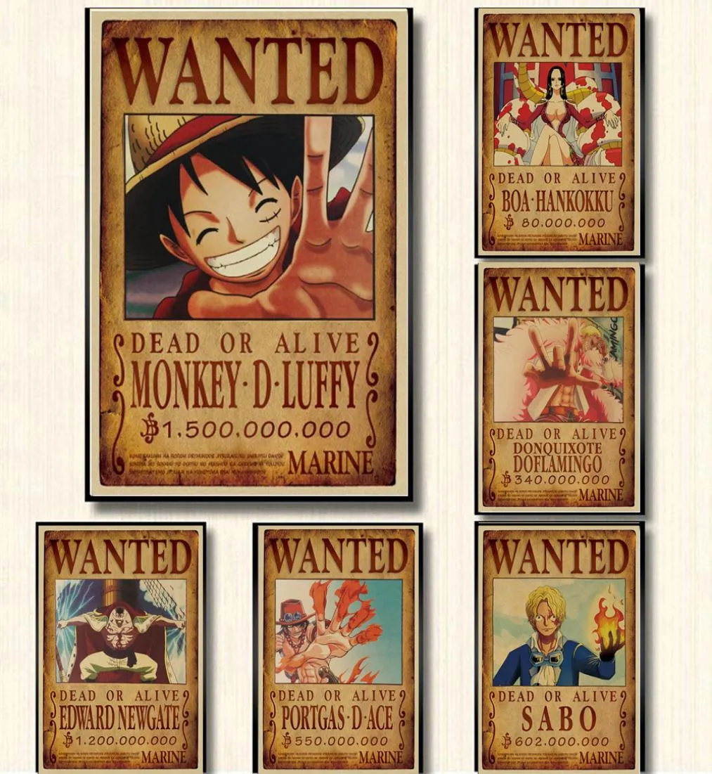 515x36cm Home Decor Adesivi murali Carta vintage One Piece Wanted poster Manifesti anime Rufy Chopper Wanted9445422