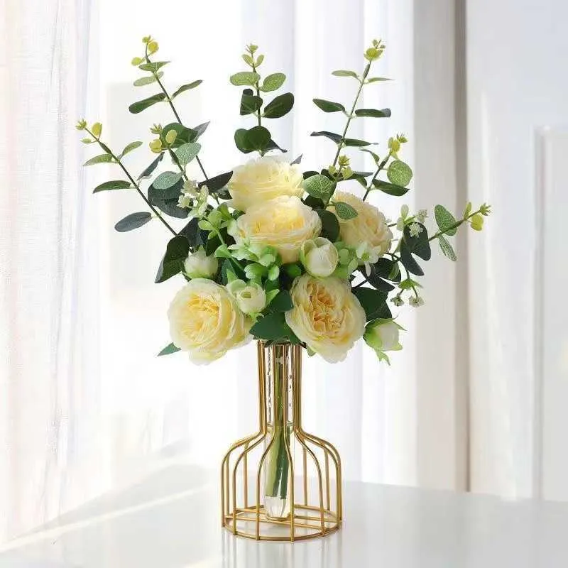 Fleurs séchées artificielles de haute qualité avec pour la décoration de la maison, pivoine, Bouquet de mariage, fausses plantes, feuille d'eucalyptus en soie