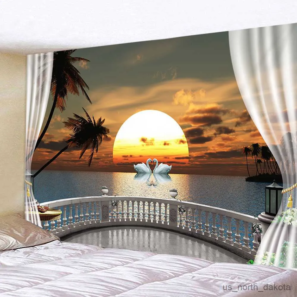 Coperta Arredamento camera da letto Finestra imitazione estetica Foresta Lago Paesaggio Appeso a parete Casa Soggiorno Dormitorio Decor Coperta carina R230617
