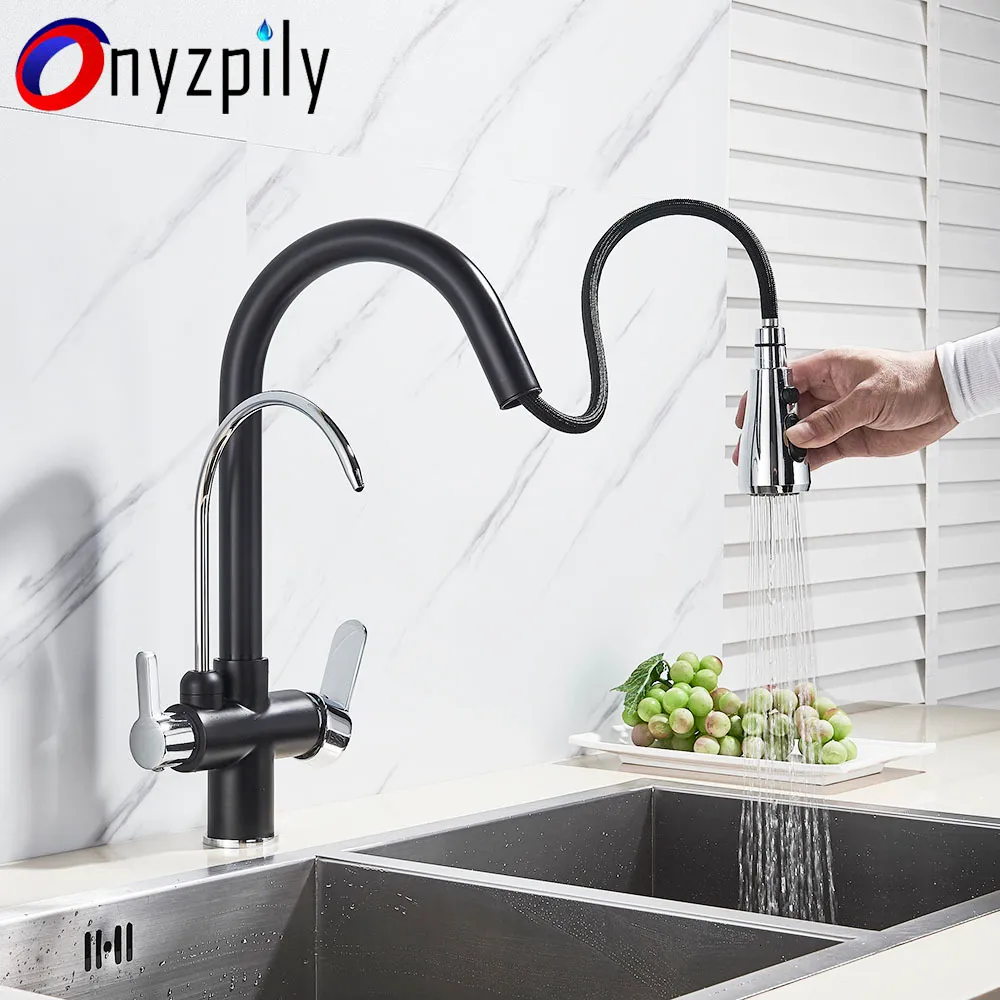 Badrumsvaskar kranar onyzpily matt svart filtrerad kran för kök drar ut spray 360 rotation vatten filter kranning dubbla lägen fauce 230616