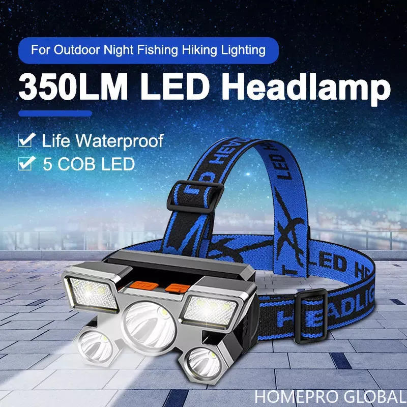 Strålkastare Uppladdningsbar fem LED -strålkastare för fiske LED -strålkastare Camping -strålkastare Strong Light Super Bright Lamp 230617