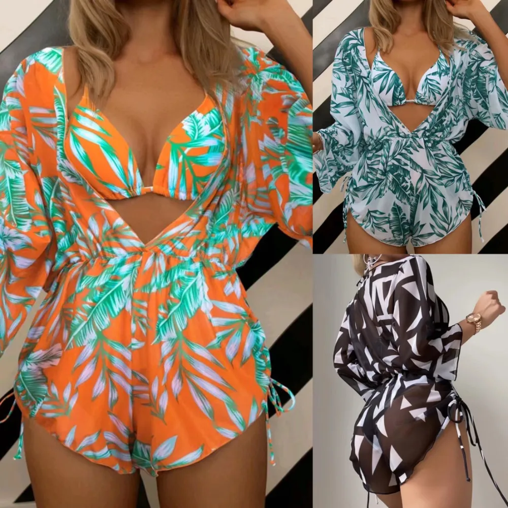 Trajes de dos piezas Traje de baño para mujer Conjunto de bikini con estampado sexy Trajes de baño de tres piezas Traje de baño Mujer Ropa de playa Cintura alta Traje de baño con cordón Traje de baño para mujer 230616