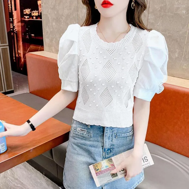 Kobiety swetry damskie białe gazy bąbelkowe T-shirt Summer cienki sweter retro damskie odzież Crewneck top koreański elegancki