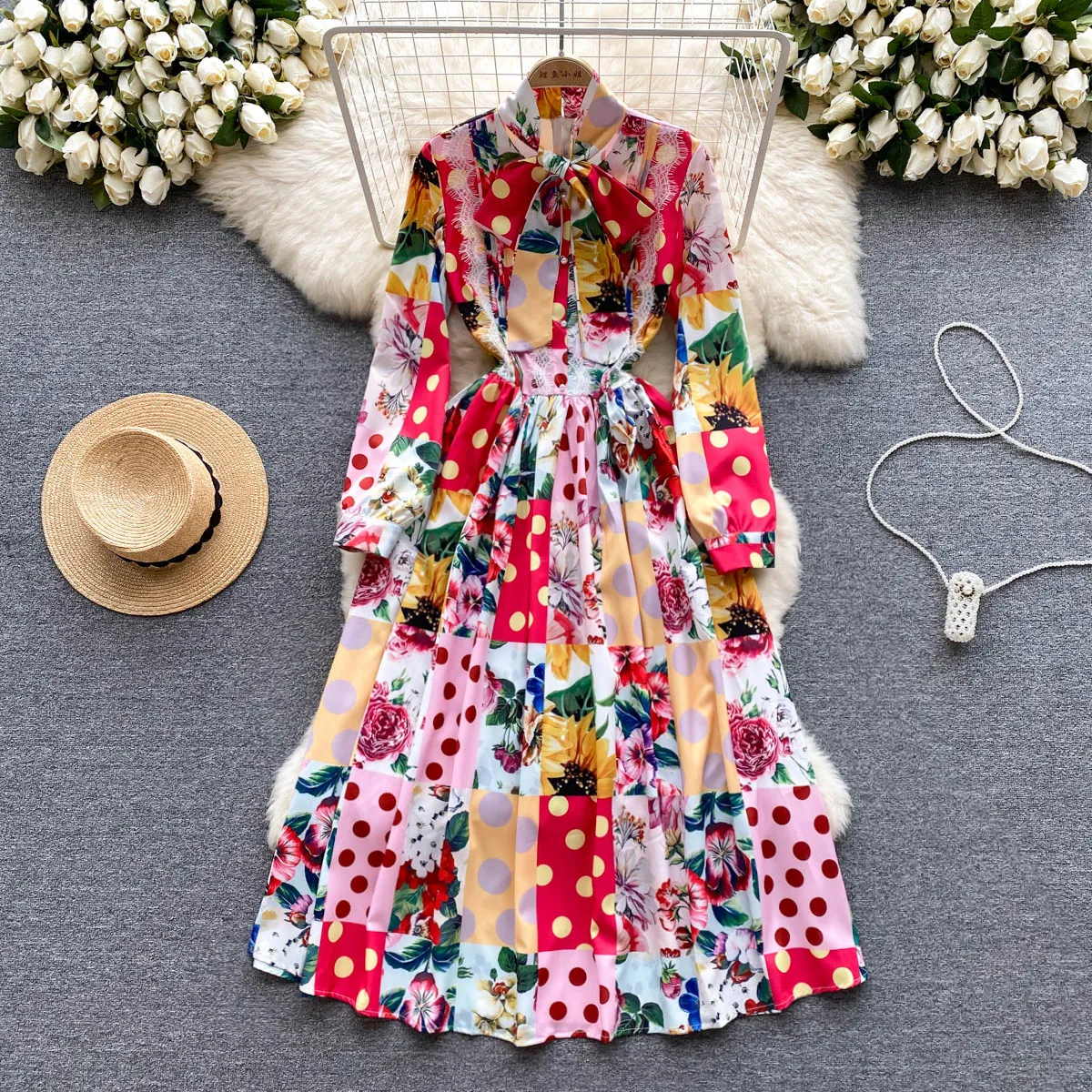Платье взлетно-посадочной полосы Новая мода французская ретро с длинными рукавами припечаток с ножом a-line Женщины тонкая элегантная одежда vestidos de verano mujer 2023