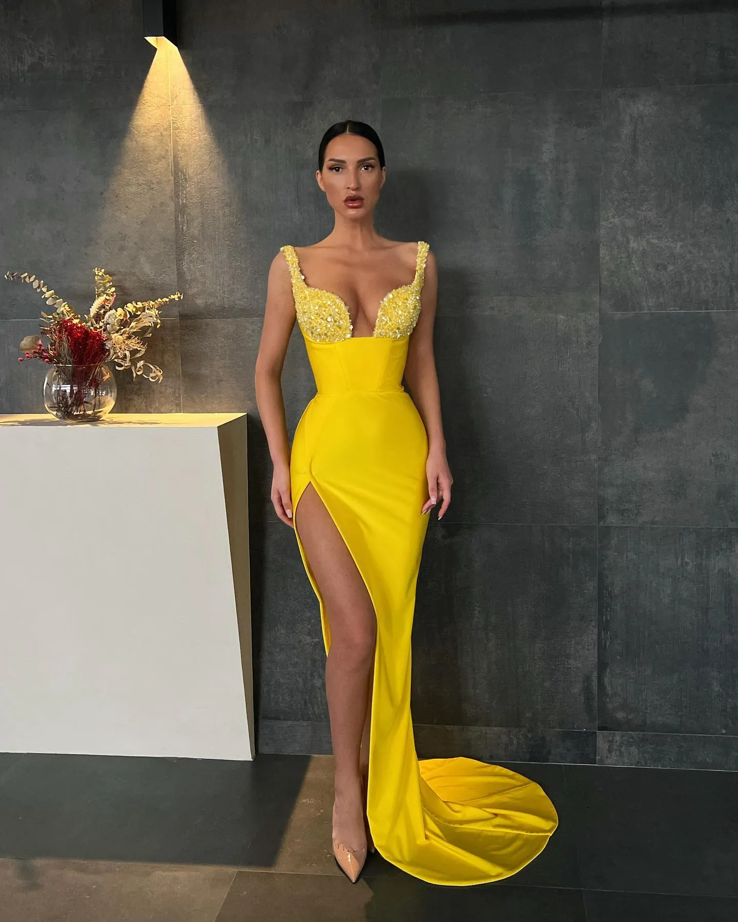 Yellow and red store prom dresses
