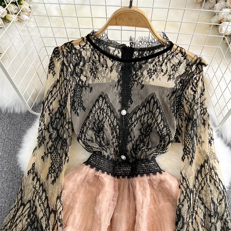 Casual Dresses 2023 Summer Round Neck Lace Stitching Mesh A-line Dress High Waist Puff Sleeve Dresses Vestidos Elegant Mid-Length 268z