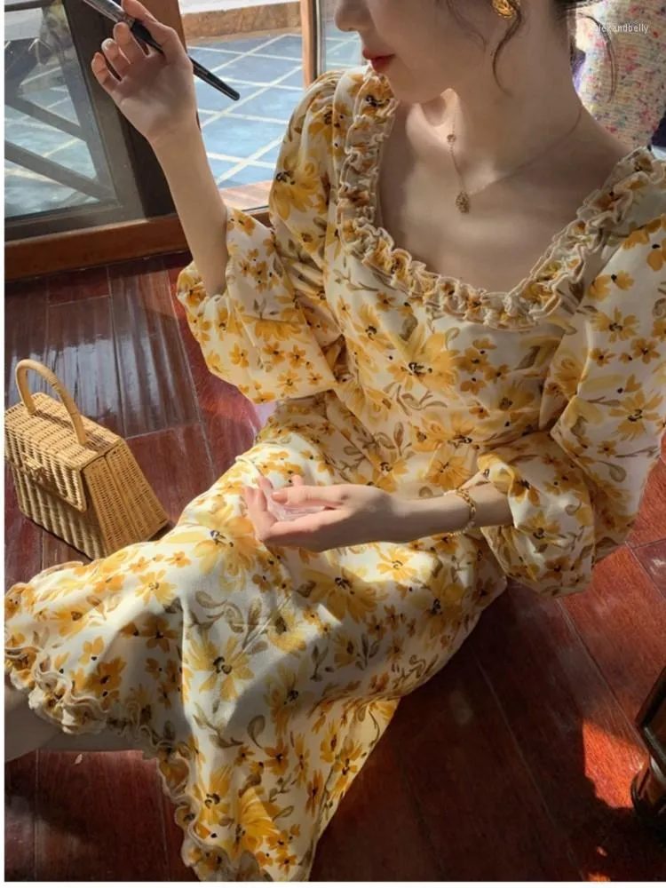 Casual Dresses Floral Print Beach Holiday Midi Women Dress Fashion Slim Vintage Autumn Elegant Party Maxi Vestidos Femme Cloth Robe