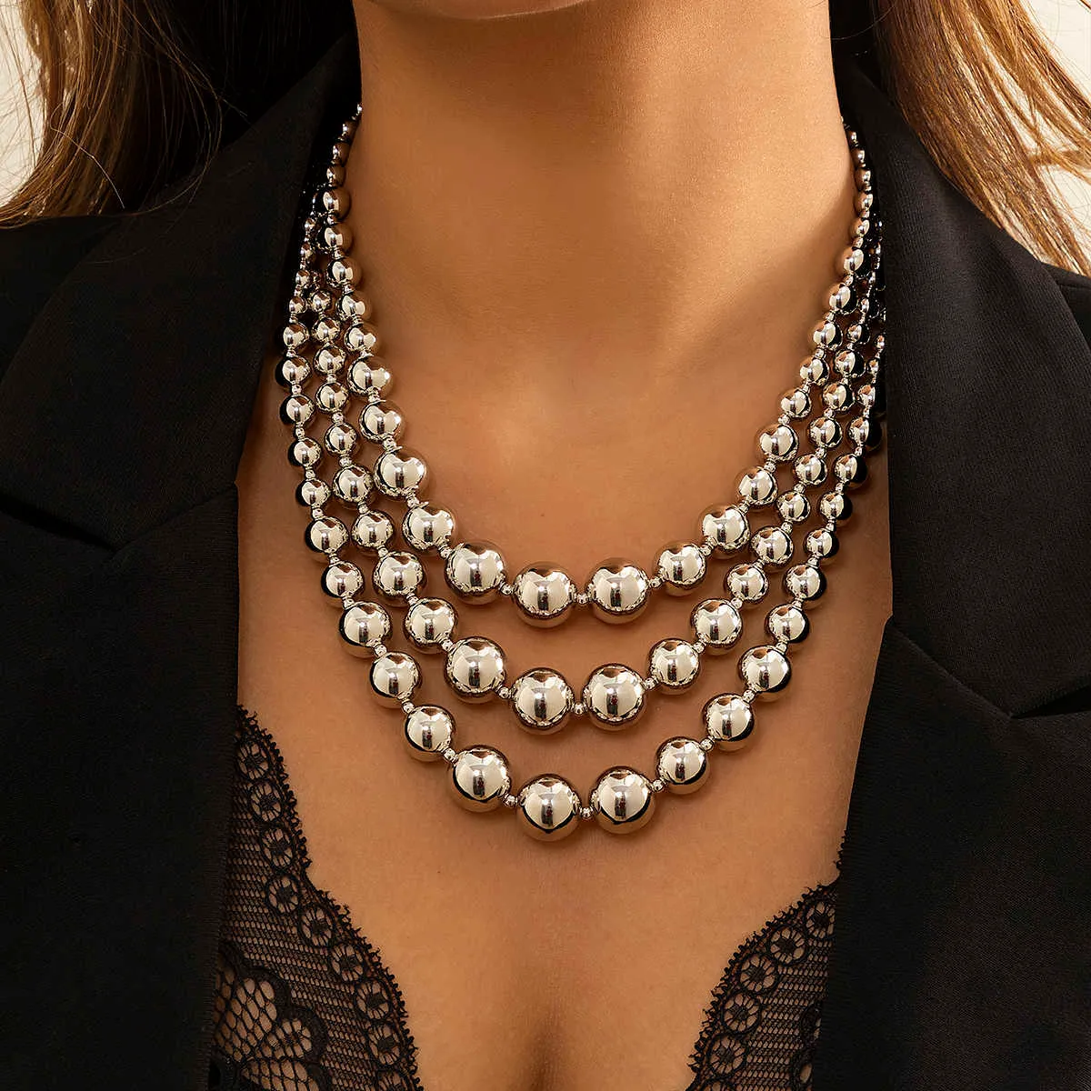 ネックレス・チョーカー BASSCLEF beaded beaded layered necklace Exaggerated Layered Beaded Chain Choker Gold Bead Necklace