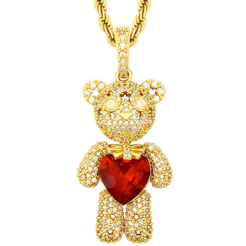 Drop Shipping Fashion Jewelry Gold Plated Red Heart Pendant Iced Out Bear Pendant Necklace