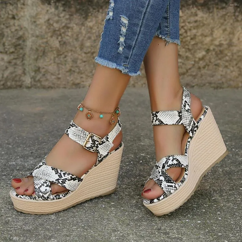 Summer Women Sandals Snakeskin Pattern Platform Wedge High Heel PU Leather Buckle Thick Bottom Slippers Sandalias