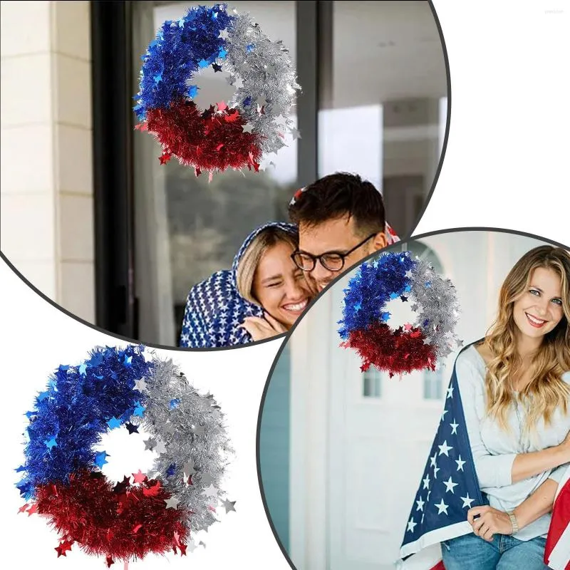 Decorative Flowers Patriotic Party Decoration Independence Day Red White And Blue Three Shiny Wreath Home 1pc