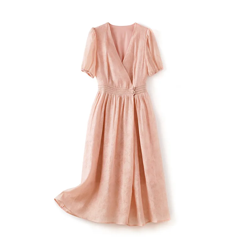 2023夏のピンクの花柄のドレス半袖Vネックボタンミディカジュアルドレスw3l042109