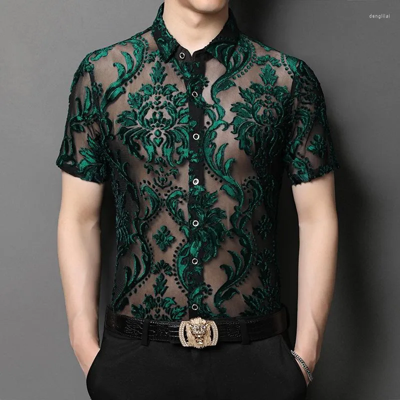 Men's Casual Shirts Green Floral Embroidery Transparent Shirt Men See Through Sexy Dress Mens Social Party Lace Sheer Blouse 2XL