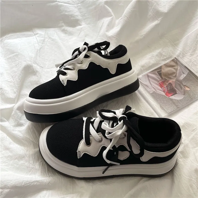 Tênis Outono Patchwork Feminino Casual Coração Zapatillas Mujer Moda Preto Calçado Feminino Kawaii Sapatos Diários Mulher