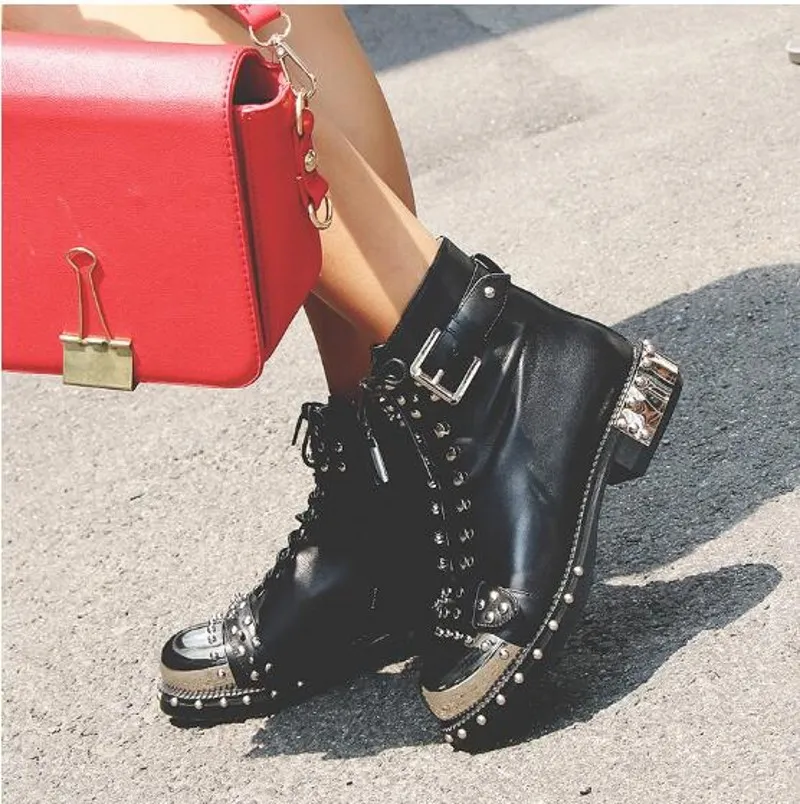 Fashion Low heel Rivets Ankle Boots for women Metal toe Bandage Ridding Boots Shoes