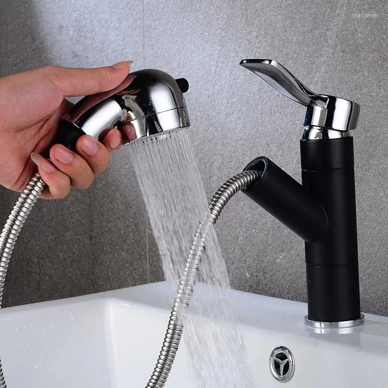 Rubinetti lavabo bagno arrivo rubinetto lavabo estraibile cromato / nero rifinito con miscelatore lavaggio soffione doccia