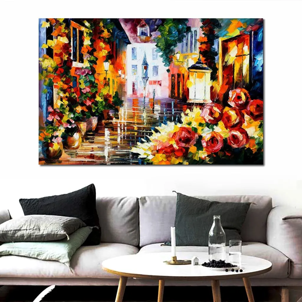 Contemporary Canvas Art Living Room Decor Street of Flowers Hand Painted Oil Painting Landscape Vibrant