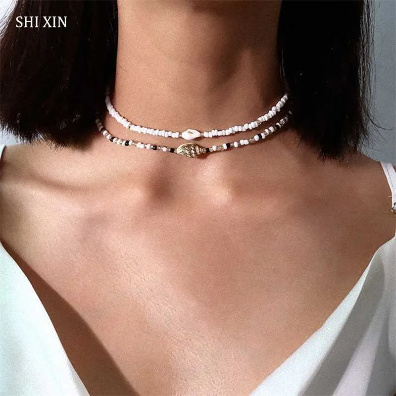 Pärlhalsband Shixin Separable 2-lagers Vita Svarta Pärlor Koreanska Små Conch Shell Choker Halsband för kvinnor Modekrage 230613