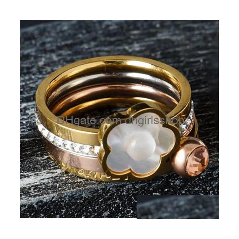 Solitärring Edelstahl Set Natürliche Weiße Muschelblume Finger 4 In 1 Cz Kristall Liebe Brautringe Für Frauen Drop Deli Dhprb