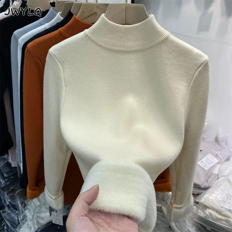 Camisolas Femininas Coreano Gola Rulê Slim Thicken Malha Pullovers Woman 2023 Winter Plus Velvet Sweater Casual Fleece Lined Warm Knitwear Tops 230617