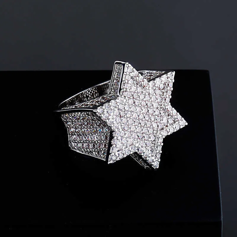 New Iced Out Hexagon Star Rings for Men/women Micro Paved Gold Silver Color Finish Cubic Zircon Charm Hip Hop Jewelry Ring Gift