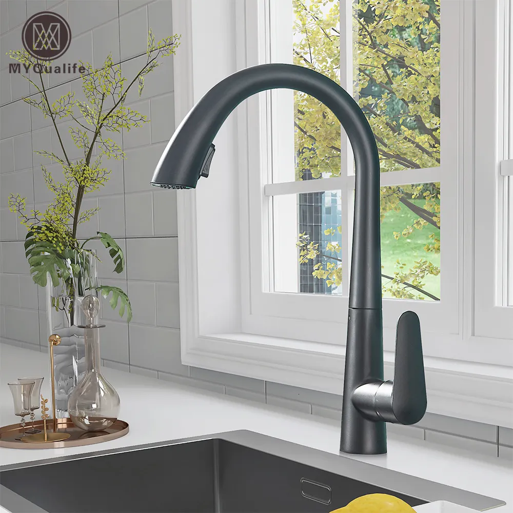 Bathroom Sink Faucets Black Kitchen Faucet Two Function Single Handle Pull Out Mixer and Cold Water Taps Deck Mounted 360 Rotation Tap 230616