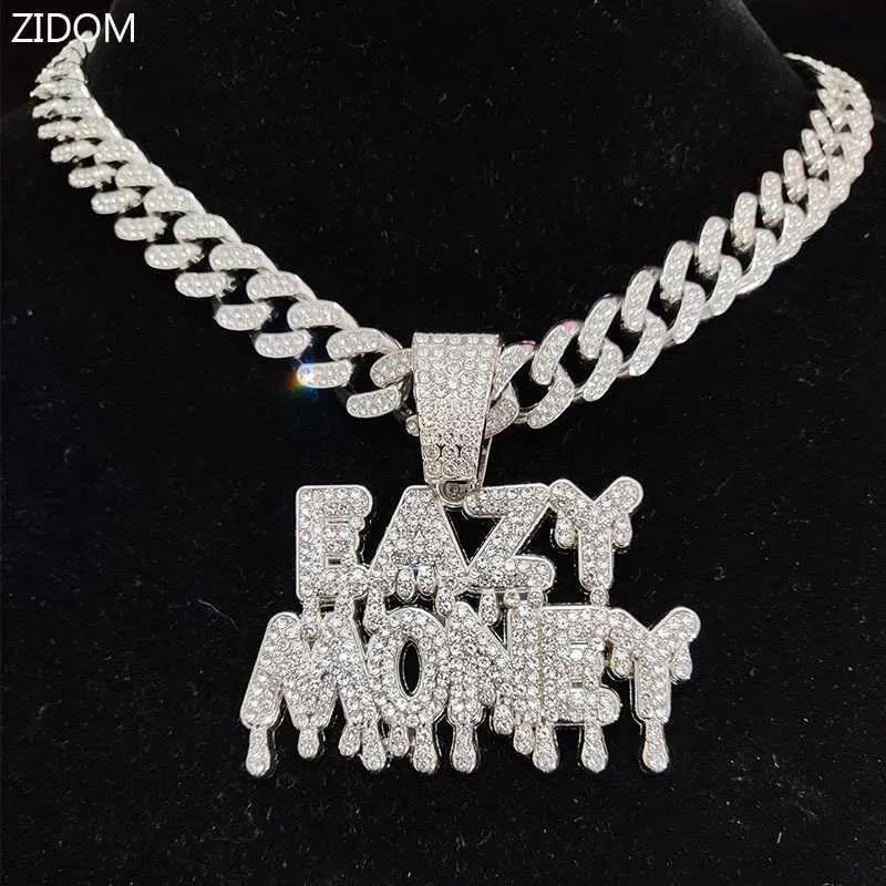 Hanger Kettingen Hip Hop Brief Ketting Mannen Vrouwen Gemakkelijk Geld Ketting Iced Out Bling Cubaanse Hiphop Sieraden Mode Gift 230613