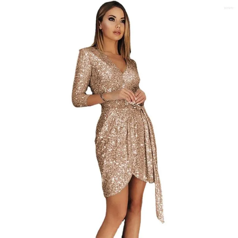 Casual Dresses 2023 Women's Dress Wish Sexy Long Sleeve Black Silver Gold Color Sequins V-neck Lace Up