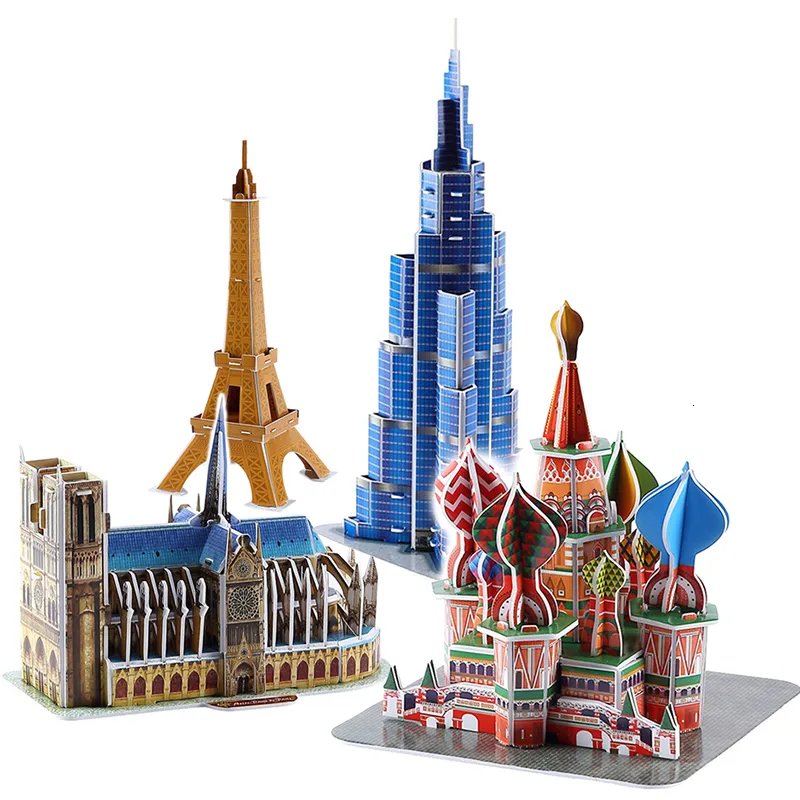 3D Puzzles DIY Architektura Karton Puzzle Toys Notre Dame de Paris Eiffel Tower Vasily Cathedral World Architectural Model Toy 230616