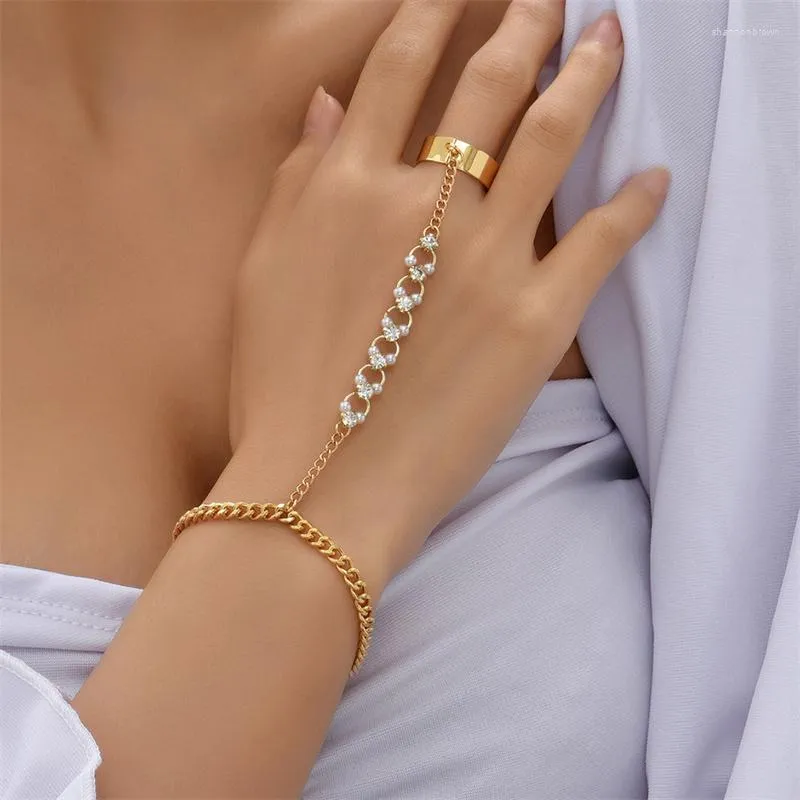 Cluster Rings Shiny Rhinestone Pearl Chain Linked Finger Ring Bracelets For Women Punk Gold Color Bracelet Link Hand Harness Jewelry