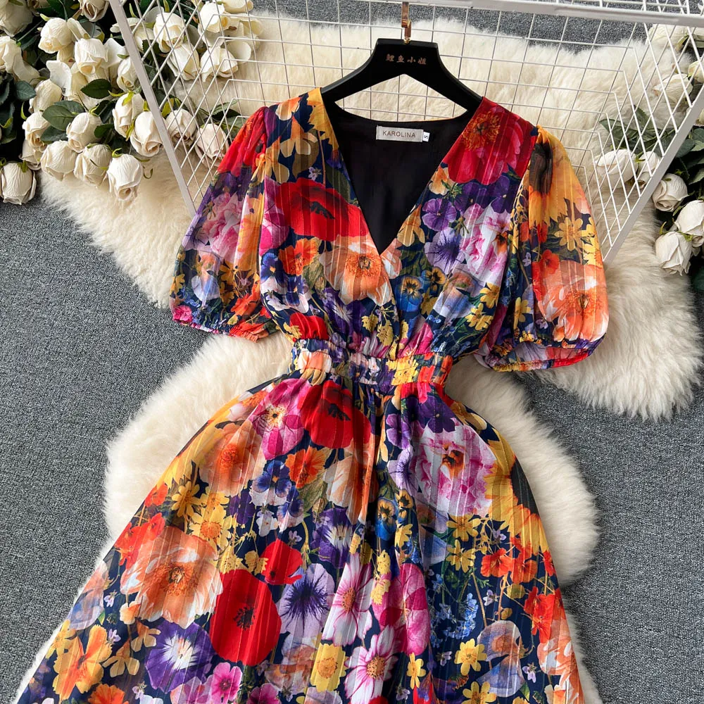 Casual Dresses Summer Runway Chic Flower Chiffon Dress Women's V-Neck Short Sleeve High Ealstic Waist Floral Print Holiday Pa293T