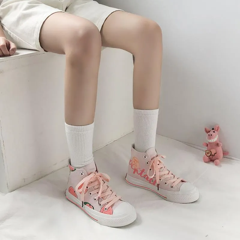 Sapatos de Lona com Estampa Kawaii Moda Korea Zapatillas Mujer2023 Rosa Bonito Estudantes Uso Diário Casual Calçado Alto Gangue Feminino