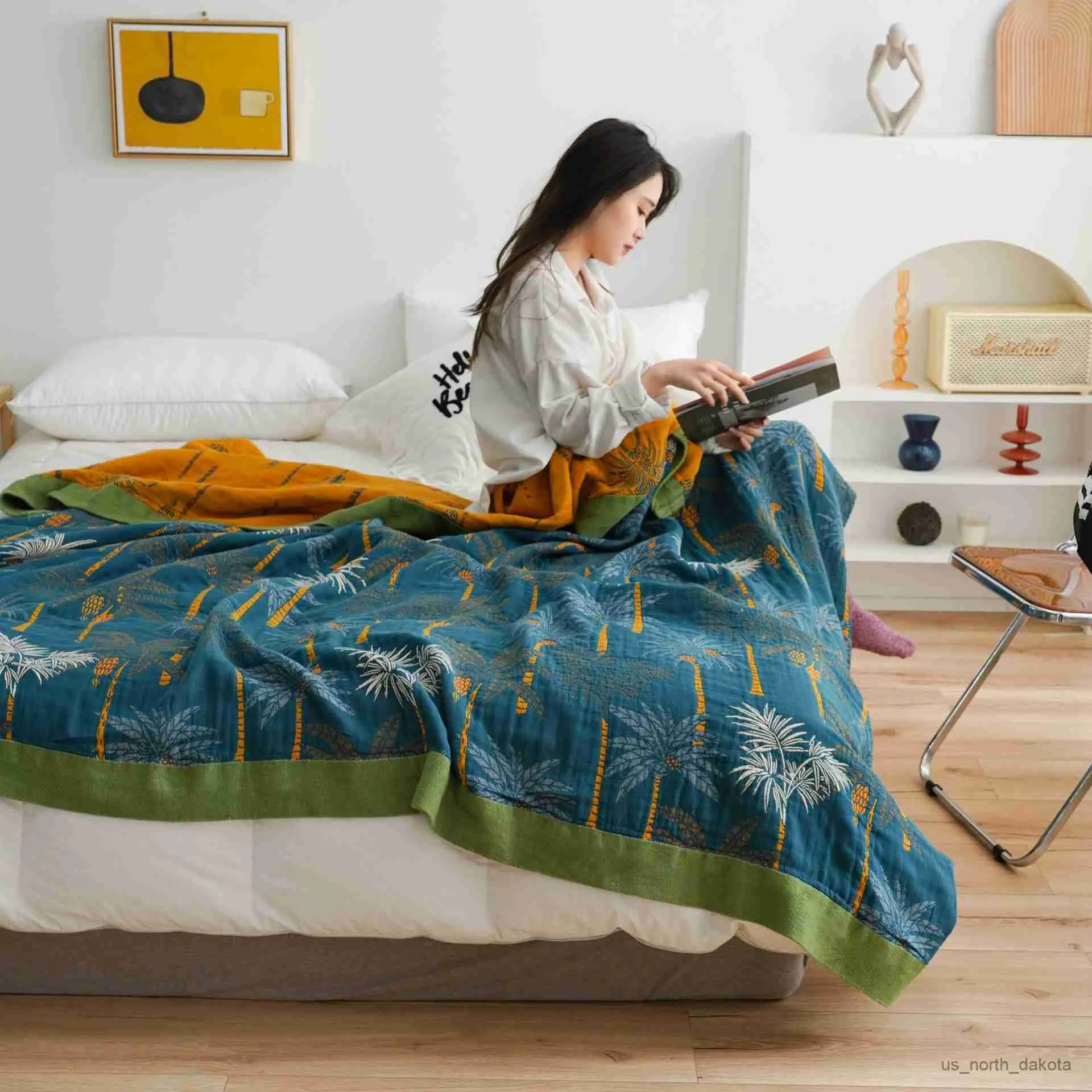 Seaside Summer Double Bed Blanket Set Muslin Gauze Thorw Quilt For
