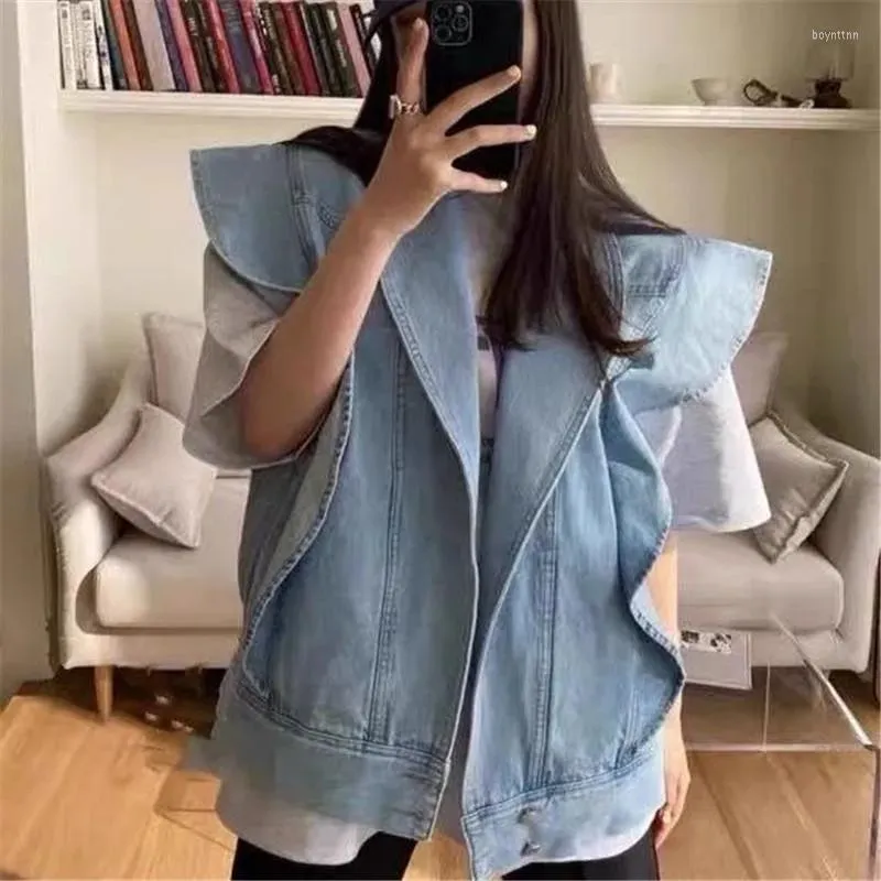 Damesvesten lente zomer gegolfd rand casual denim vest vrouwelijk losse trend waastcoat vrouwen Korea vintage mouwloze jas revers