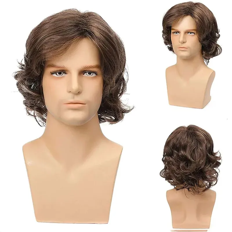 Perucas Cosplay HAIRJOY Homem Cabelo Sintético Castanho Curto em Camadas Peruca Masculina Encaracolada 230617