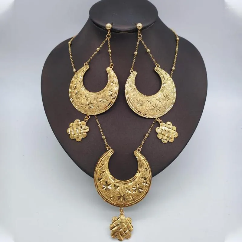 Necklace Earrings Set Design Jewelry Gold Plated Drop Ethiopian African Chain Party Bohemia Pendant Wedding Bridal