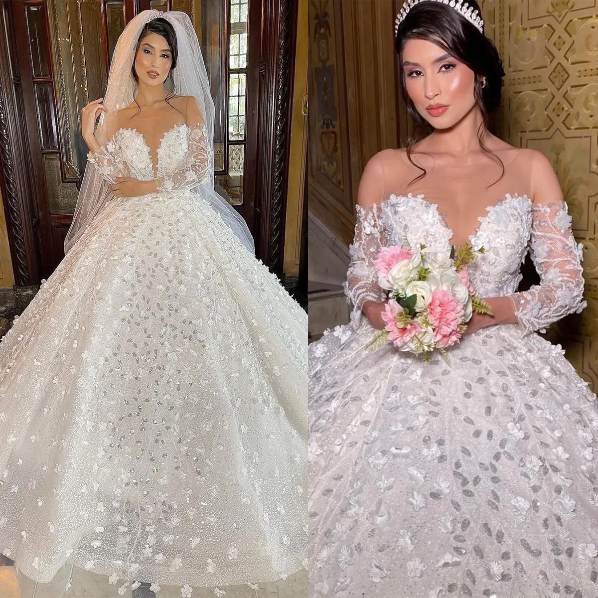 Abiti da sposa con abito da ballo in cristallo Bling Abiti da sposa a maniche lunghe con scollo a cuore di lusso Abiti da sposa su misura Sweep Train Vestido De Novia